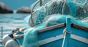 Fishing Boat with Nets on Deck. Concept Fishing Boats, Fishing Nets, Maritime Industry