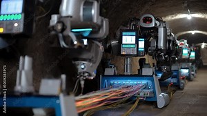 Robotic tools laying fiber optic cables underground, with laser-driven machines testing connection quality and control panels monitoring signal flow.