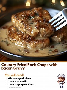 Country 🙋 Fried Pork Chops with Bacon Gravy Crispy, golden-brown fried pork chops smothered in a rich and creamy bacon gravy—pure Southern comfort food! Ingredients: 4 bone-in pork chops 1 cup buttermilk 1 cup all-purpose flour 1 tsp salt 1/2 tsp black pepper 1/2 tsp paprika 😆 | Homey Recipes