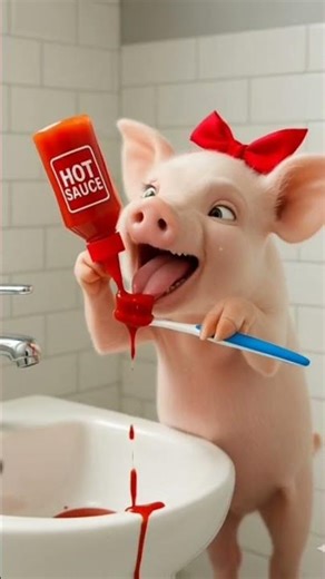 Pig brushes teeth with chili sauce! The mouth is on fire! 🌶️😂|| #shorts