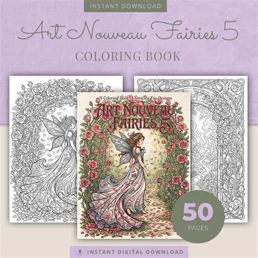 Fairy Coloring Book Vol 5, 50 Art Nouveau Printable Adult Coloring Pages PDF - Etsy
