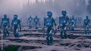 Group of humanoid cyborgs alien invasion to the Earth and walk forward in a row. AI generated.