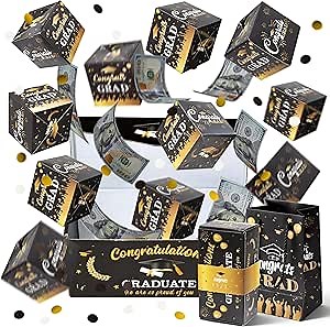 WATINC Graduation Explosion Gift Box - 16pcs Graduate Surprise Gift Boxes Exploding for Money, 12 Bounces Explosion Present Boxes with Confetti, Black Gold Pop Out Cash Holder for Congrats Grad Party