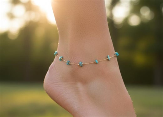 Turquoise Anklet Gold Chain, Blue Gemstone Anklet, Handmade Boho Anklet, Minimal Anklet, Beach Jewelry, Healing Crystal Anklet for Women - Etsy