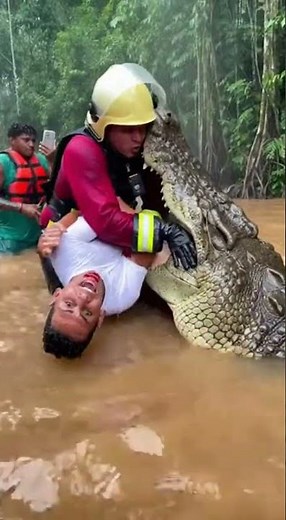 bombeiro corre por margem escorregadia para salvar homem na boca do crocodilo