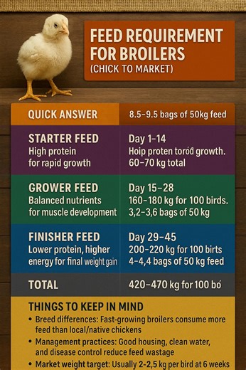 HOW MANY HAGS OF FEED IS NEEDED .... To raise broiler chickens from day-old chicks to market weight (around 6 weeks), you’ll need about 8.5–9.5 bags of 50kg feed per 100 birds. That works out to roughly 0.09 bags (4.2–4.7 kg) per bird. 🐔 Feed Requirement Breakdown (Chick to Market) 1. STARTER FEED (Day 1–14) - High protein for rapid growth. - 60–70 kg total for 100 birds. - Equals 1.2–1.4 bags of 50kg feed. 2. GROWER FEED (Day 15–28) - Balanced nutrients for muscle development. - 160–180 kg tot