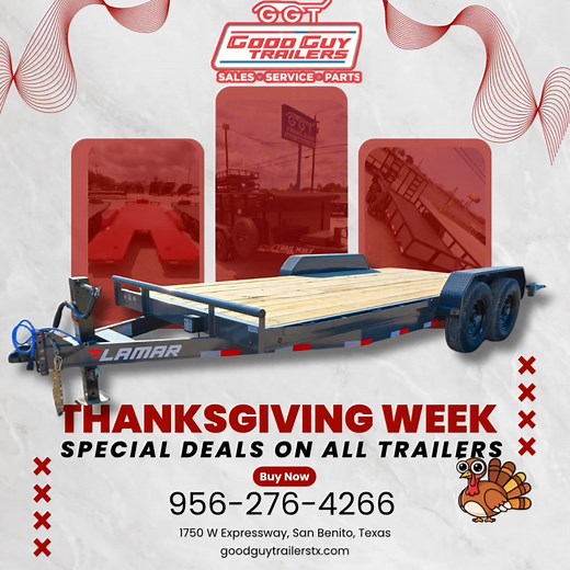Thanksgiving Week starts with BIG savings at Good Guy Trailers! 🍁🚚 Score special deals on ALL trailers — utility, car haulers, dumps, and more! Swing by 1750 W Expressway 83 in San Benito or call 956-276-4266 and roll out with the best this holiday season! #GoodGuyTrailers #ThanksgivingDeals #TrailerSale #SanBenitoTX #TexasDeals #HaulWithTheBest #TrailerLife #GGT #HolidaySavings | Good Guy Trailers