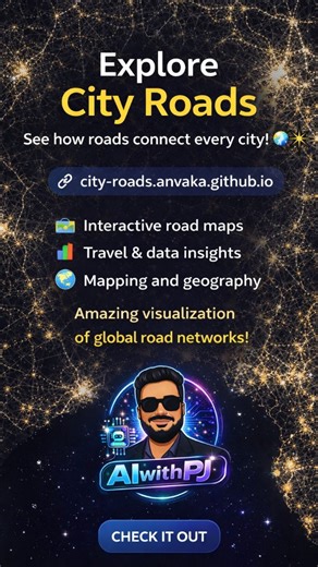 AIWithPJ on Instagram: "Explore City Roads, an interactive visualization of how roads connect cities around the world This website shows real-time road networks and travel links between cities using beautiful maps and data. It’s perfect for anyone who loves geography, travel planning, data visualization, and mapping tools. Whether you’re a student, developer, or explorer at heart, this tool makes it easy to understand how transportation links shape our world. Save this reel and try it later! Fol