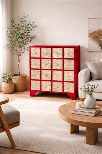 Red Apothecary Cabinet, Mother of Pearl Inlay, Multi Drawer Storage - Etsy UK