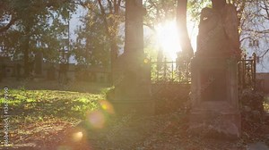 A moving shot that rotates around a statue of an angel by a grave with sunlight peaking through. 4k. Slow motion.