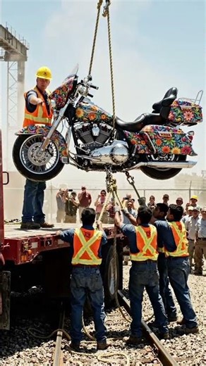 Massive Flower-Painted Motorcycle Unloaded from Truck onto Train 🚚🏍️