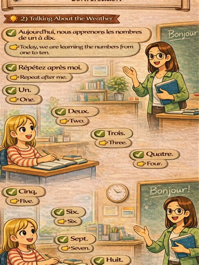 Teacher: Aujourd’hui, nous apprenons les nombres de un à dix. EN: Today, we are learning the numbers from one to ten. Teacher: Répétez après moi. EN: Repeat after me. Teacher: Un. Student: Un. EN: One. Teacher: Deux. Student: Deux. EN: Two. Teacher: Trois. Student: Trois. EN: Three. Teacher: Quatre. Student: Quatre. EN: Four. Teacher: Cinq. Student: Cinq. EN: Five. Teacher: Six. 🧑‍🏫 Classroom Transcript: Numbers 1–10 Basic Instructions (FR–EN) Student: Six. EN: Six. Teacher: Sept. Student: Sep
