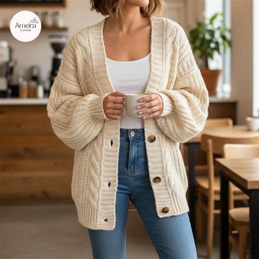 Women's Chunky Knit Cardigan, Cable Knit Cardigan Sweater, Oversized Button up Sweater - Etsy Canada