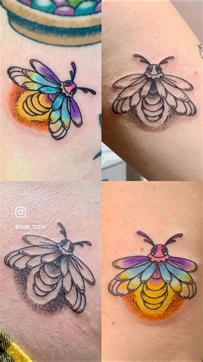 ✨ fireflies ✨ a commutative tattoo for Camp FYerfly - video description: a camera pans around a persons’ leg while they stand in a tattoo studio, a tattoo of a colourful firefly fills a space in between two other colour tattoos - after that a photo collage is shown of all the tattoos done in the same design, two colour and two black ink only | Fawn Tooth Tattoo
