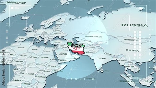 a stylized 3D map highlighting IRAN, Middle East, Iran map, Central Asia and Eastern Europe, Flag of Iran, Iran Flag
