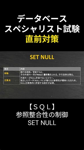 【データベーススペシャリスト】SQL完全攻略：参照整合性 SET NULL #データベーススペシャリスト #勉強 #データベース #応用情報技術者試験 #基本情報技術者試験 #資格