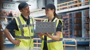 Sortation Fullfilment Center: Supervisor and Manager Talk, use Laptop. Logistics and Transportation Warehouse Facility with Conveyor Belt Loading Cardboard Boxes with Products for Shipment to Clients