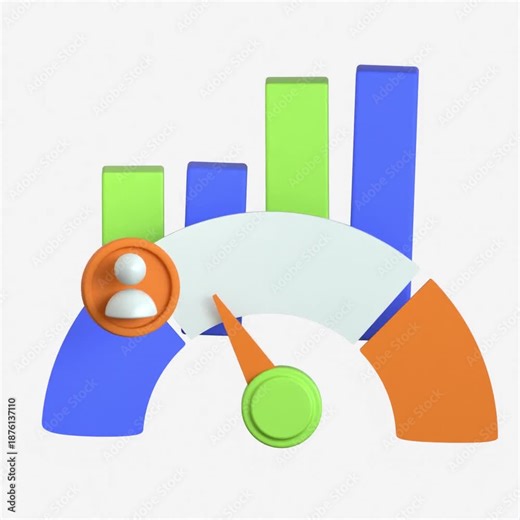 A 3D dashboard gauge with a bar chart and user icon representing process maturity levels and performance growth
