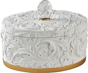 Benjara Jewelry Box with Baroque Scroll Design and Crystal Accent, White