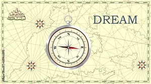 Animation with a map and a compass arrow rotating near the word "dream" (seamless loop)