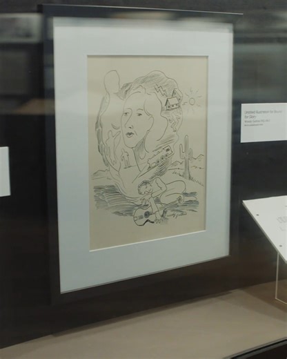 This illustration from Woody Guthrie’s novel "Bound for Glory" depicts Woody with his guitar and visions of the world swirling around him. See this and other artifacts on view at the Woody Guthrie Center as part of the current Dust Bowl display. Plan your visit at woodyguthriecenter.org/visit. | Woody Guthrie Center