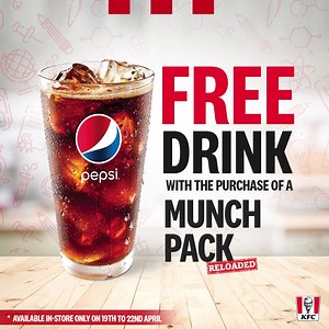 🔙 to school🎒 time is here again and KFC has something special😮 for all the cool kids😎! Students in uniform👔 get a FREE drink with the purchase of a Munch Pack Reloaded🍟🍗 for a limited time⏱️ only. Visit👉 your favourite KFC restaurant today‼️ | KFC
