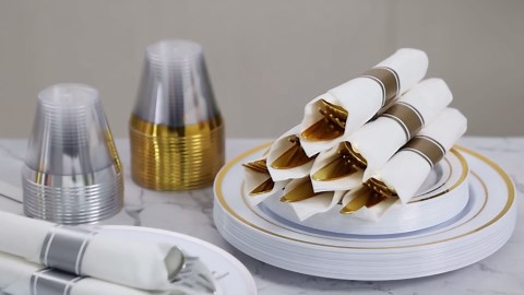 Goodluck 350 Piece Silver Plastic Dinnerware Set for 50 Guests, Fancy Disposable Plates for Party, Include: 50 Dinner Plates, 50 Dessert Plates, 50 Pre Rolled Napkins with Silver Silverware, 50 Cups