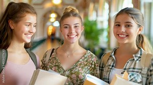 Three smiling female students stand in the university corridor, holding textbooks in their hands. Concept: education and student life, academic achievements