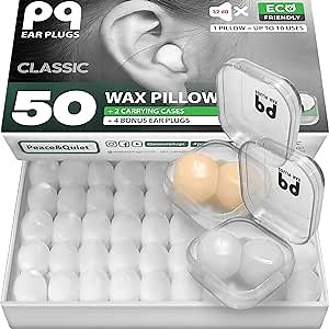 PQ Wax Ear Plugs for Sleeping, Swimming - 50 Noise Cancelling Silicone Gel Wax Earplugs, Ear Protection for Sleep and Swim, Soft Wax Pillows with Sound Blocking Level 32Db, (50 Pillows), Color: White