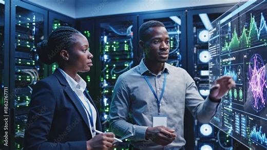 Supervisor and employee oversee performance outputs on server rigs for AI processing tasks. Server r 4K 10s