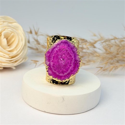 Pink Solar Quartz Druzy Cuff Ring Gold Plated Brass – Natural Geode Statement Ring, Handmade Boho Jewelry Gift for Her - Etsy