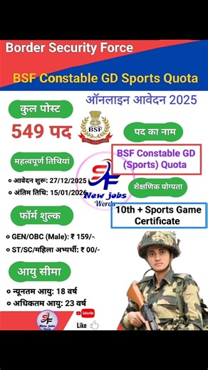 BSF Sports Quota Bharti 2025 🔥 10th Pass Job | 549 Vacancy | Full Details
