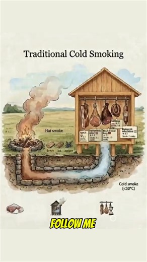 Cold smoking developed as a practical way to preserve meat in rural households long before refrigeration existed. It allowed families to keep pork, fish, and sausages edible through winter using only salt, wood, air, and time. The system depends on separation. The fire burns away from the food, the smoke cools as it travels, and the temperature inside the smokehouse stays below 30 °C. Nothing cooks. Preservation happens slowly. The process starts before smoking itself. Meat is first salted and a
