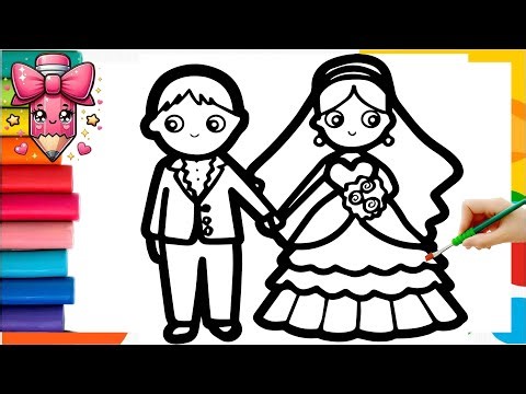 Cute Bride & Groom Drawing Painting & Colouring for kids Toddlers | Bride & Groom drawing easy