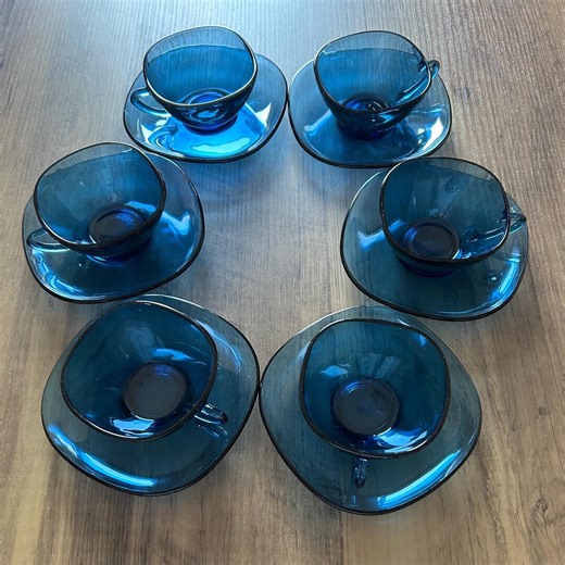 Vintage Cups and Saucers: Navy Blue Tempered Glass. - Etsy