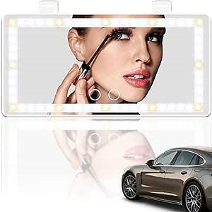 Car Visor Mirror with Rechargeable LED Light- 3 Light Modes & Dimmable Touch Screen- Big Sun Visor Vanity Mirror for Truck- Passenger Side Girly Car Accessories for Women Girl Interior- White