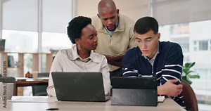 Graphic designer, people and technology in office with teamwork or collaboration for project or deadline. Diversity, employees and plan for ideas with discussion for creativity and strategy