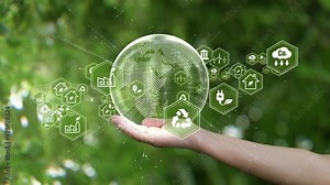 Ecology icon concept. ESG environment, society and governance. Saving the planet in the hands of humans on green background.