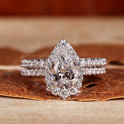 Tear Drop Diamond Ring With Wedding Band, Lab Grown Diamond Engagement Ring, Diamond Bridal Set, Pear Shaped Diamond Ring, Anniversary Gift - Etsy