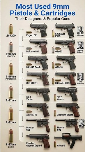 Most Used 9mm Pistols & Cartridges 🔫 | Evolution & Designers Explained