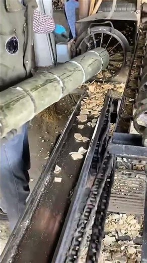 Industrial bamboo splitting machine processing green logs into thin strips automatically