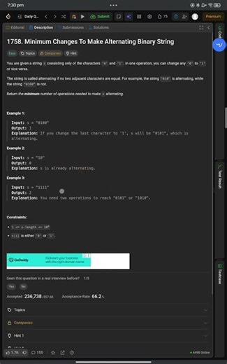 LeetCode 1758 | Minimum Changes to Make Alternating Binary String | Easy Trick 🔥