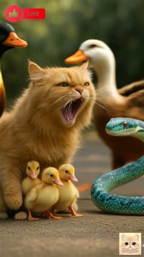 Teamwork! 🐱🦆 Cat and duck join forces to defeat the snake! 💪🐍