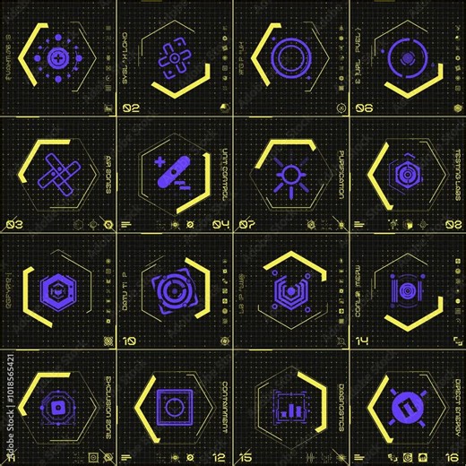 A vibrant looping square grid sequence containing typographic elements with a mix of animated digital tech style HUD icon symbols.
