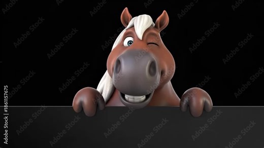 Joyful Horse Appearance, Animated Horse Winking And Smiling Under Studio Lighting With Effects, Bright Cartoon Horse With Playful Expression Peering Over Panel Under Spotlight And Sparkling Effects.