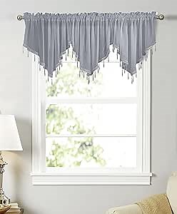 French Country Valances Window Curtain Grey Solid Kitchen Curtain Semi Sheer Cafe Curtain with Beaded Hem, Rod Pocket Boho Drape Window Treatment Valances for Bedroom Living Room