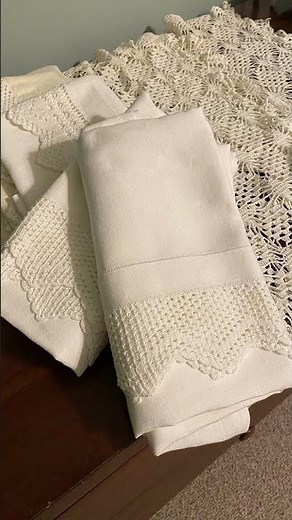 How to Make a Tablecloth with Antique Linen Towels and Crochet Lace Runners - upcycling linen towels