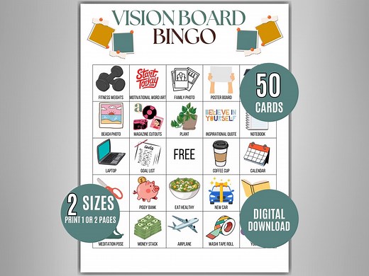 Vision Board Bingo Game, 50 Printable Goal Setting Bingo Cards, Self-growth Activity, Manifestation Game, New Year Motivation, Dream Board - Etsy