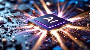 Advanced Microprocessor Connecting with a Motherboard and Activates entire System. AI Letters on Chip Glowing. Energy Pulse Expanding after CPU Connected to Socket