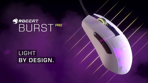 The extreme lightweight ROCCAT Burst Pro debuts the new Titan Switch Optical for incredible speed and durability. ✅ Translucent honeycomb shell with an extreme light weight of 68g ✅ Heat-treated pure PTFE glides, pre-tuned for smooth movements out of the box ✅ PhantomFlex cable that virtually disappears – no need for a bungee Pre-order: roc.gg/BurstPro | ROCCAT